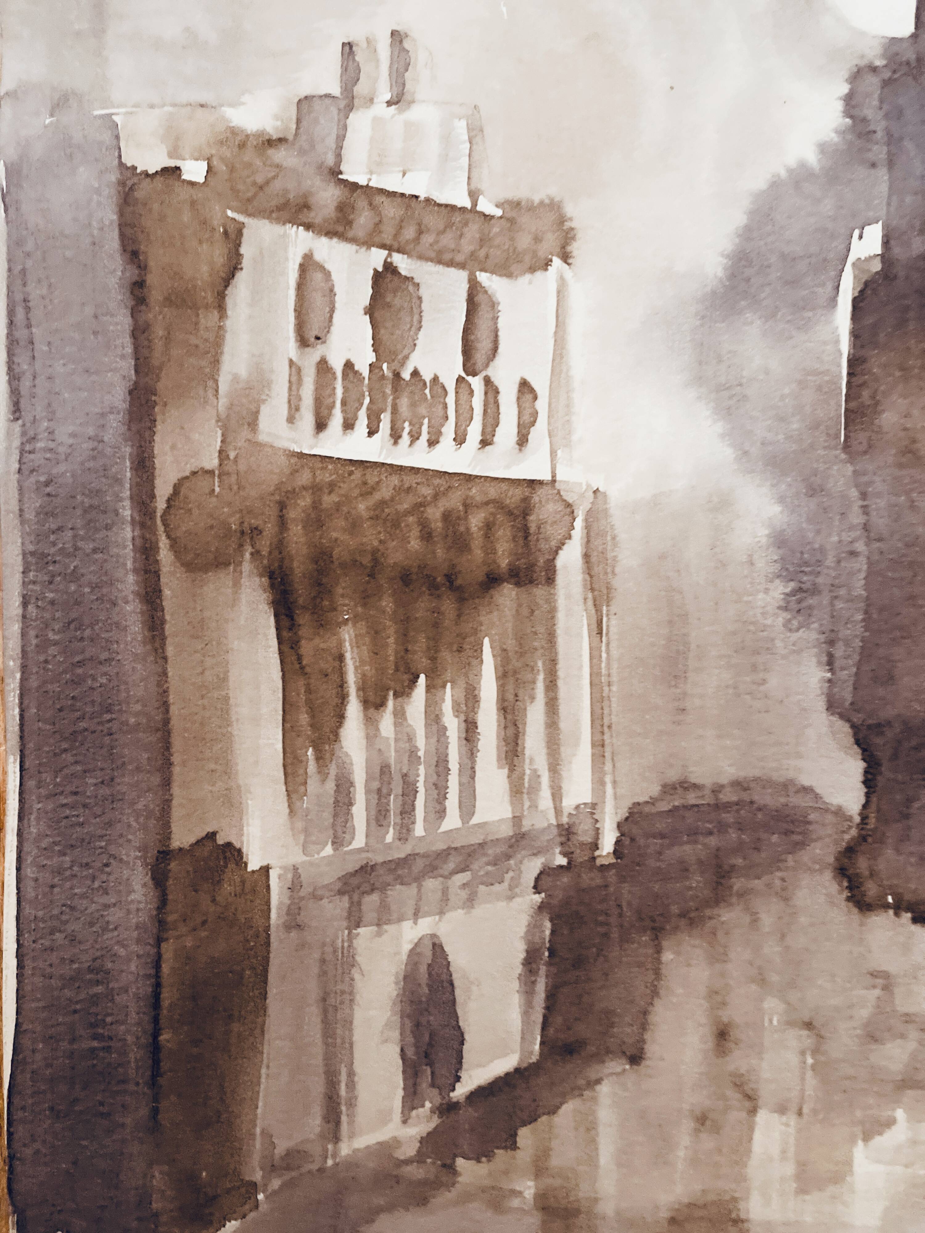 Signed watercolour monochrome sepia Moonlight over Tangier