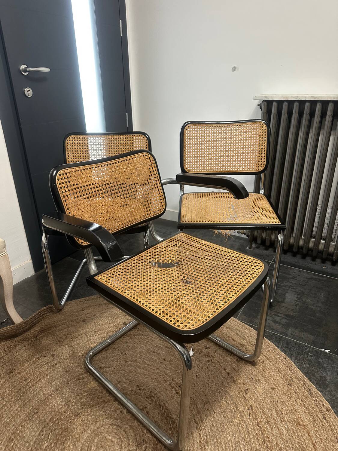 Lot of 1 armchair and 2 Cesca B32 chairs, Thonet edition, seats need reupholstering