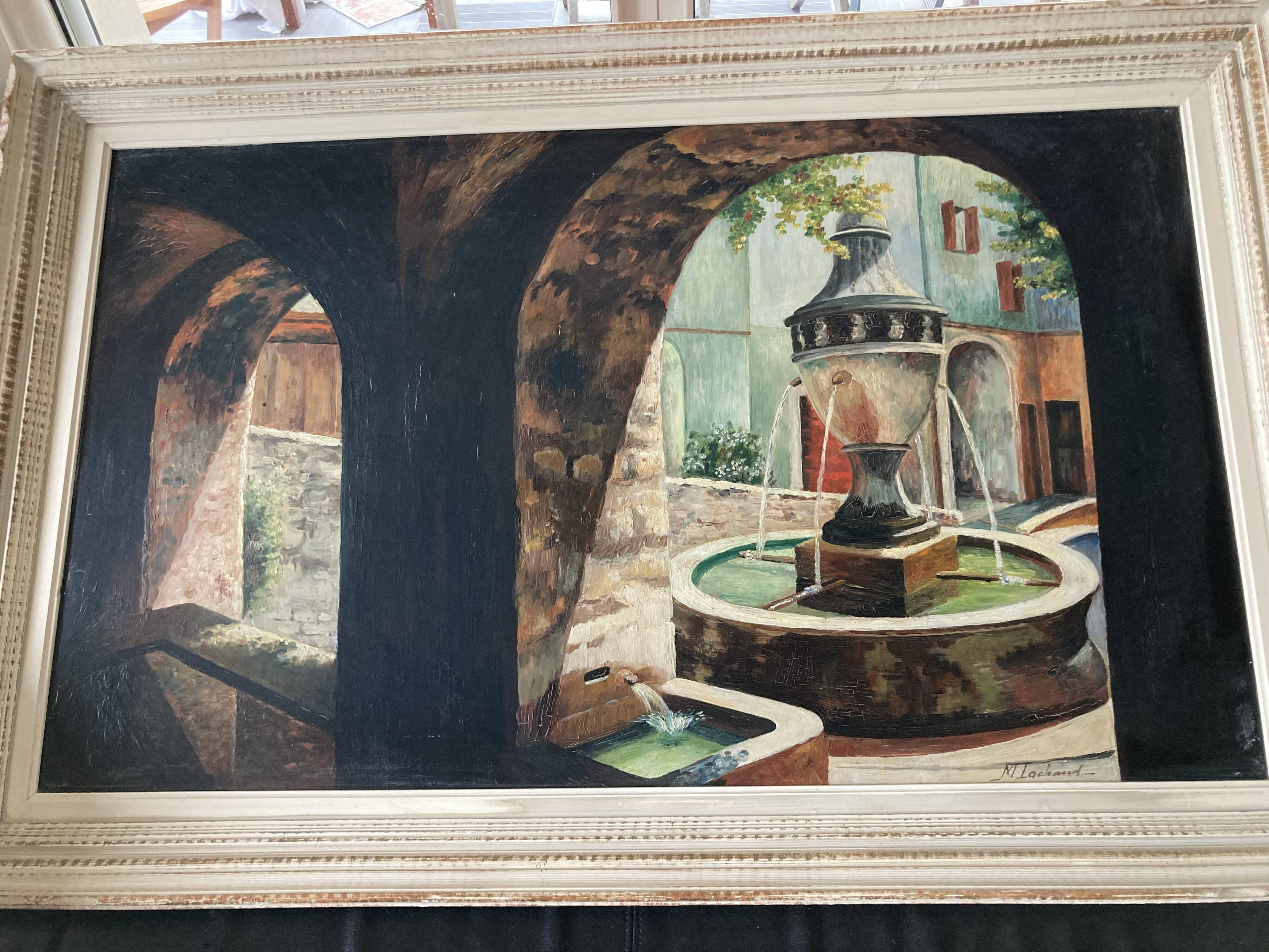 Framed oil fountain painting