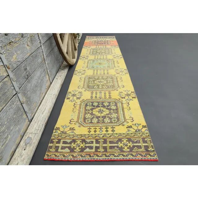 1970s Turkish Oushak Handmade Wool Cotton Yellow Runner 81x362
