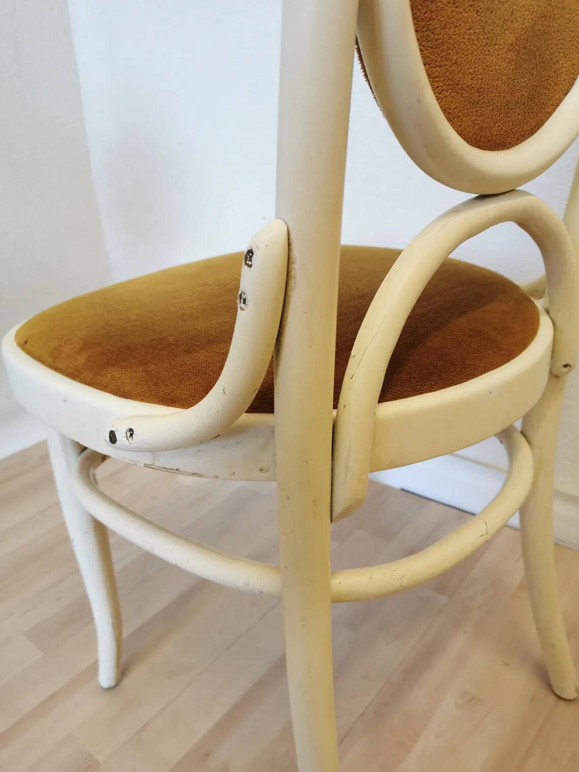 Vintage Thonet Bentwood Dining Chair: White Wood, Yellow Fabric, 1970s Yugo