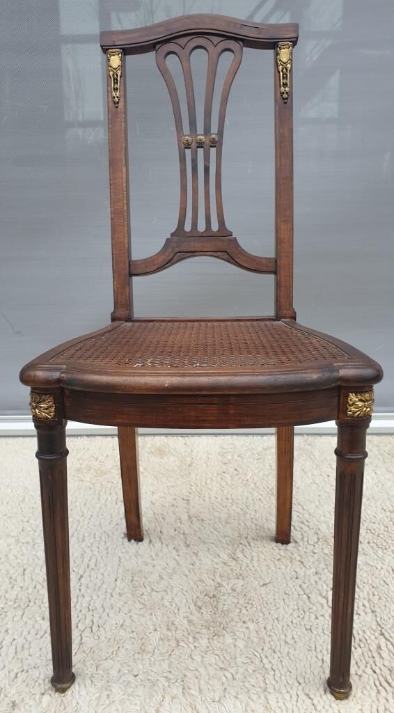 Chair canned 1900 marquetry and bronze louis XVI style