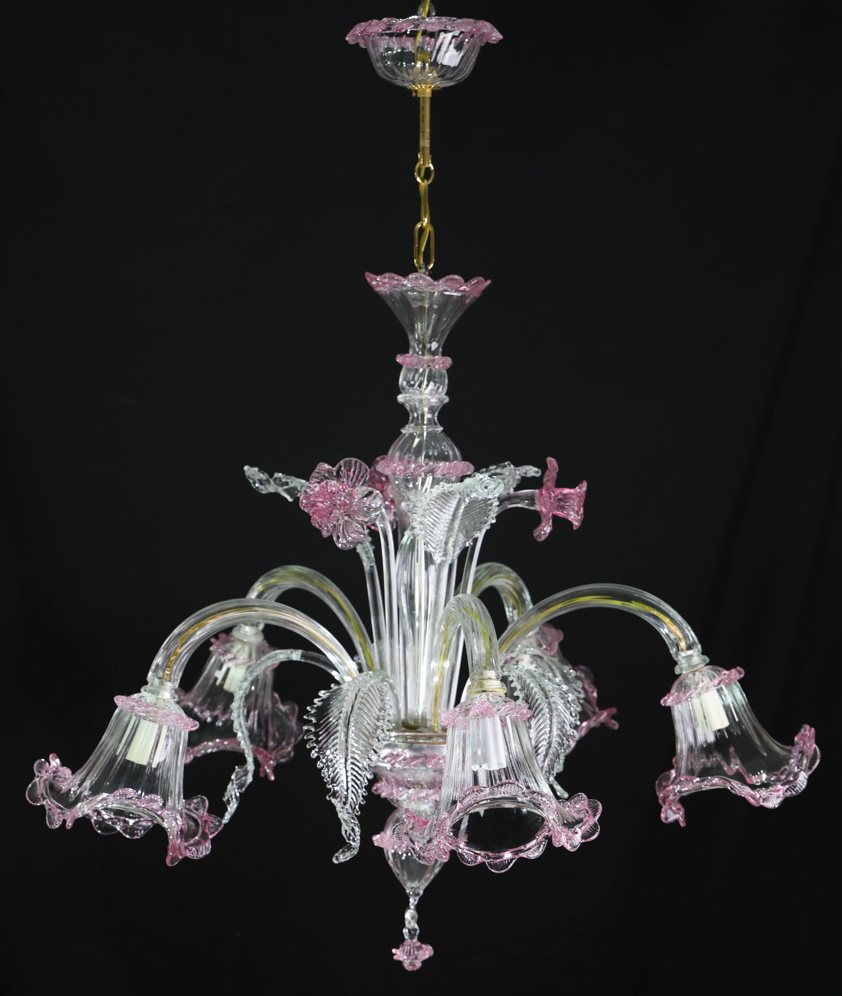 Charming Vintage Venetian Chandelier, Pink Murano Glass, 1950s