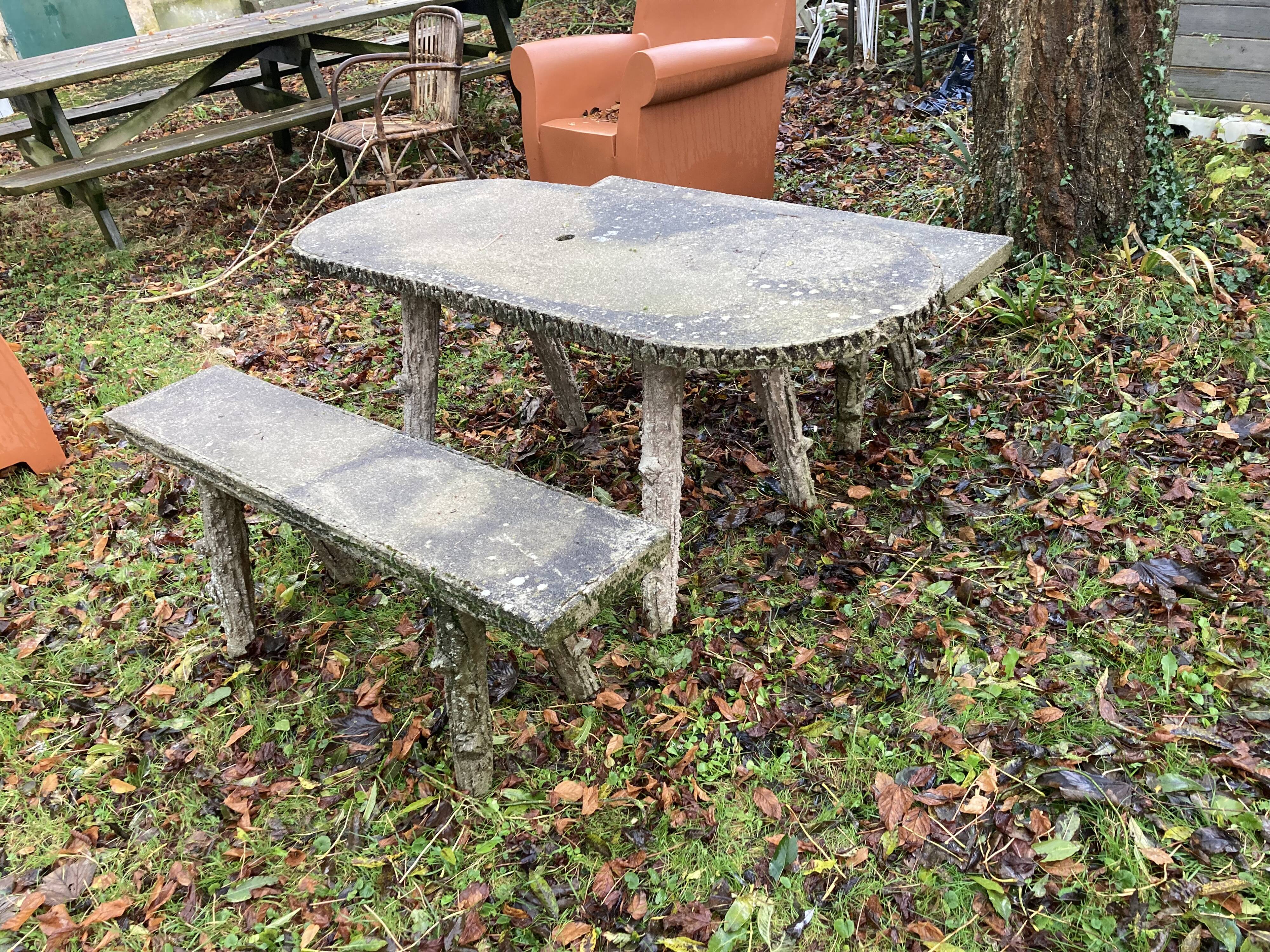 1 table and 2 benches in cement, faux wood, rockery, 1950s. 150cm