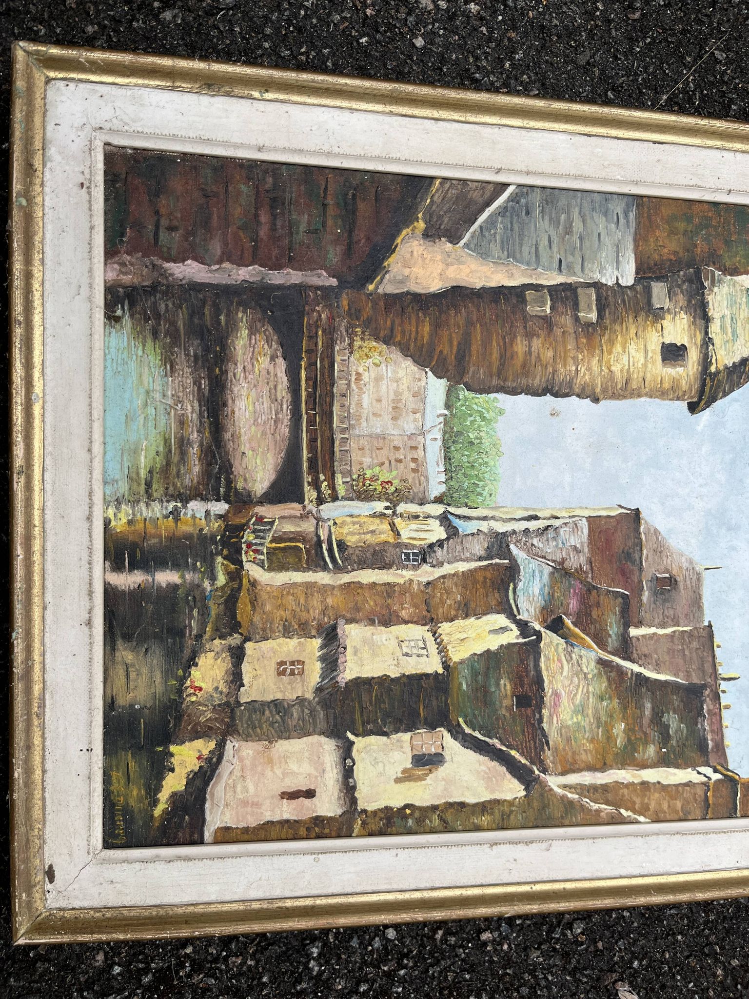 Antique painting – Medieval village scene by the water, signed