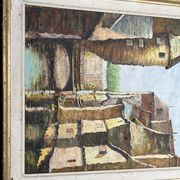 Antique painting – Medieval village scene by the water, signed
