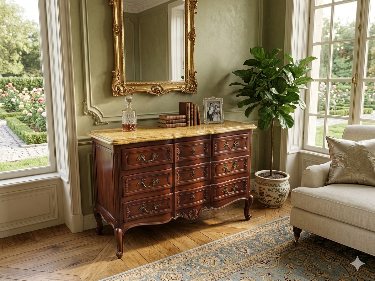 Crossbow commode in solid cherry wood, Louis XV style with marble top.