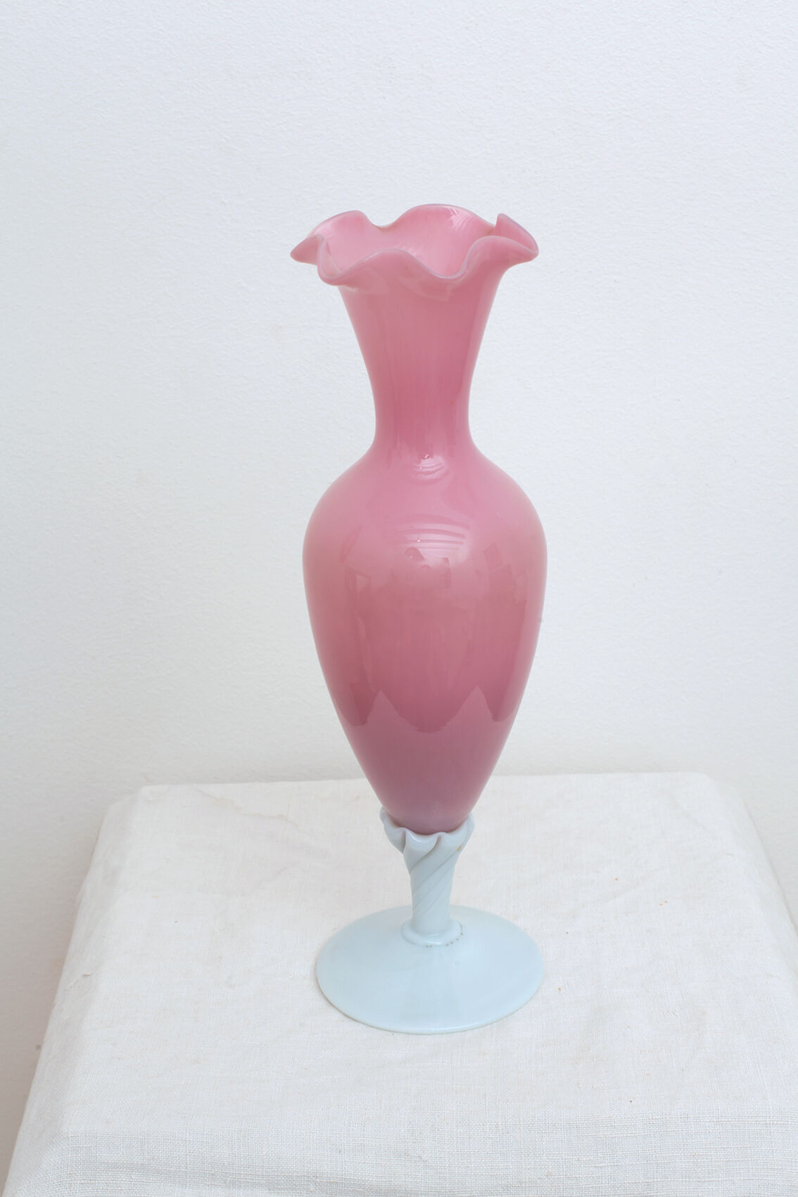 Pink vase foot twisted milk glass