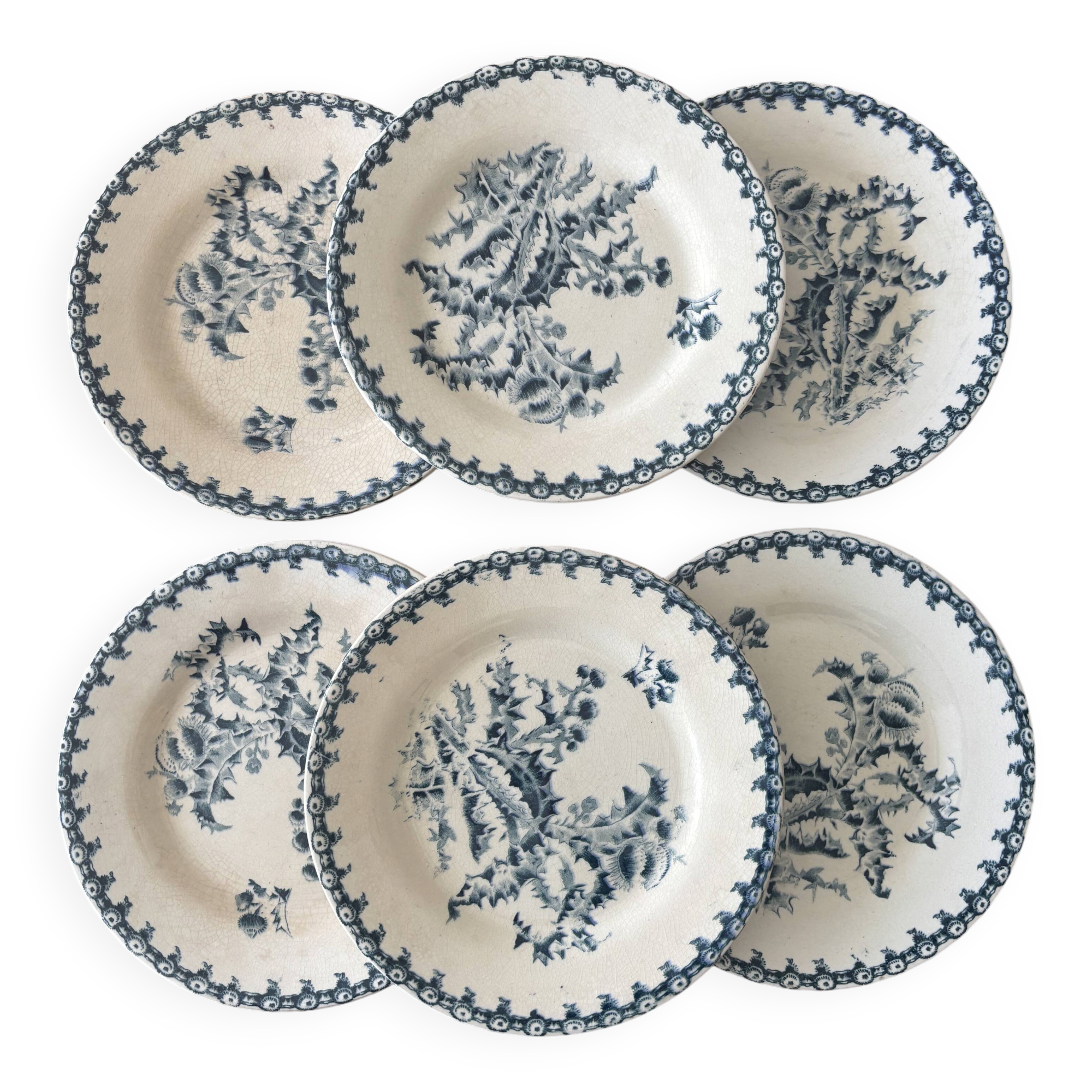 Set of 6 antique dessert plates Gien model Thistle Terre de Feu