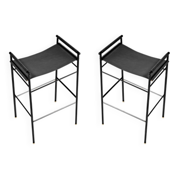 Pair of backless bar stools, black and black metal.