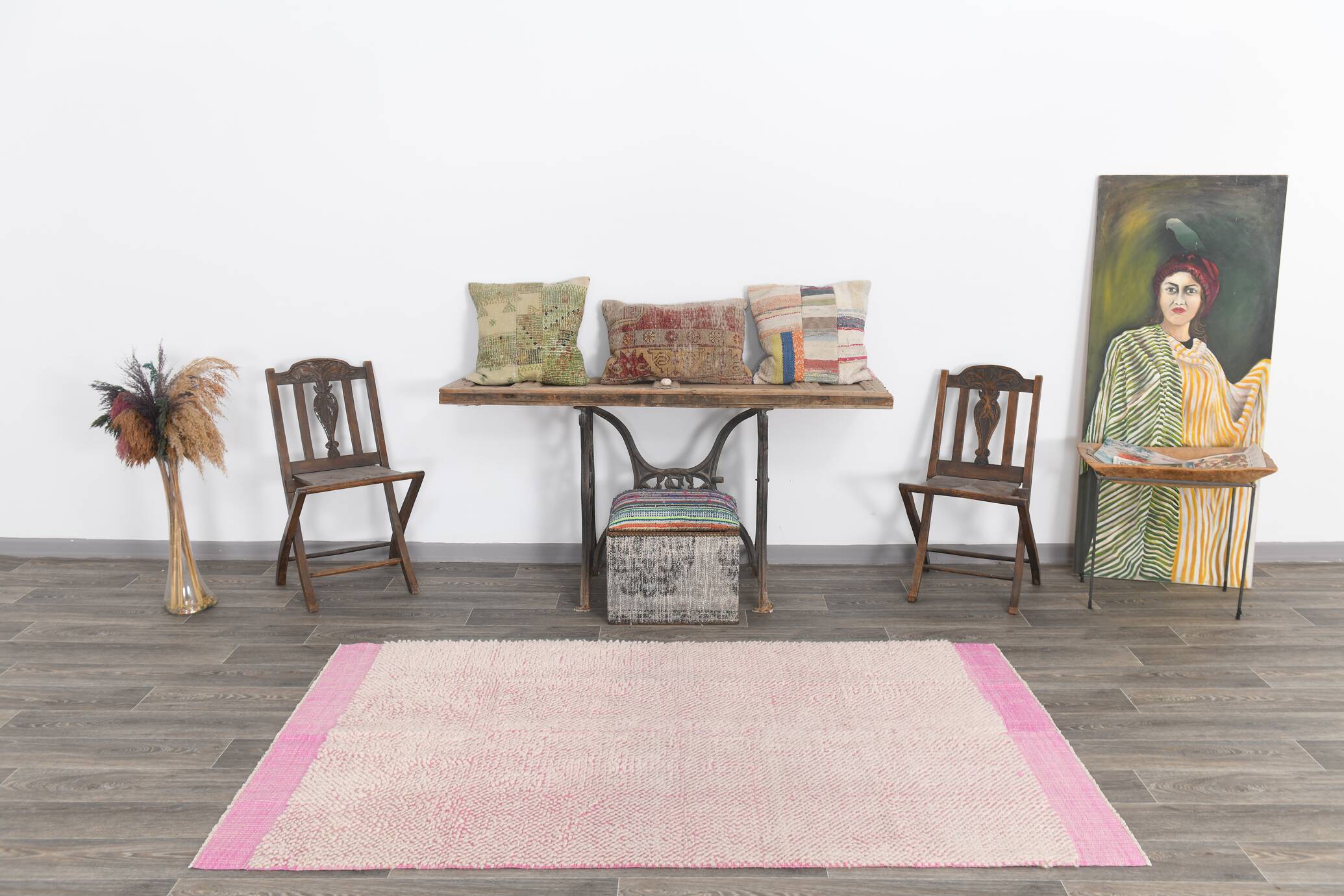 4x7 Shades Of Pink & Beige Handmade Wool Vintage Rug, 129x220Cm SK 34944