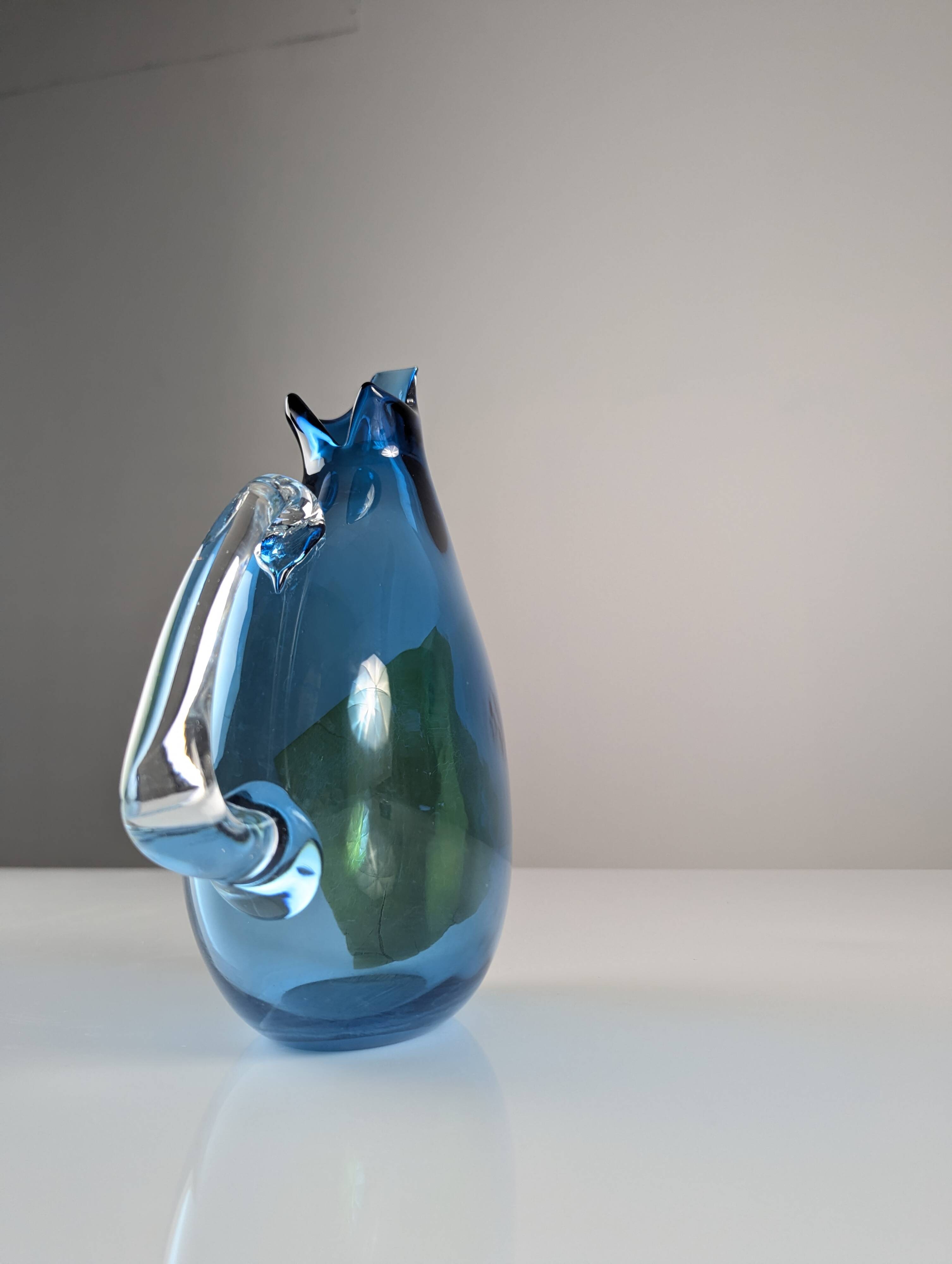 Unique Hand-Blown Glass Jug Signed by 20th Century Artisan – Vibrant Blue