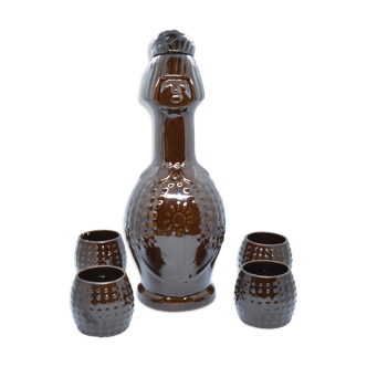 Ceramic decanter and glasses, Bolesławiec, Poland, 1960s