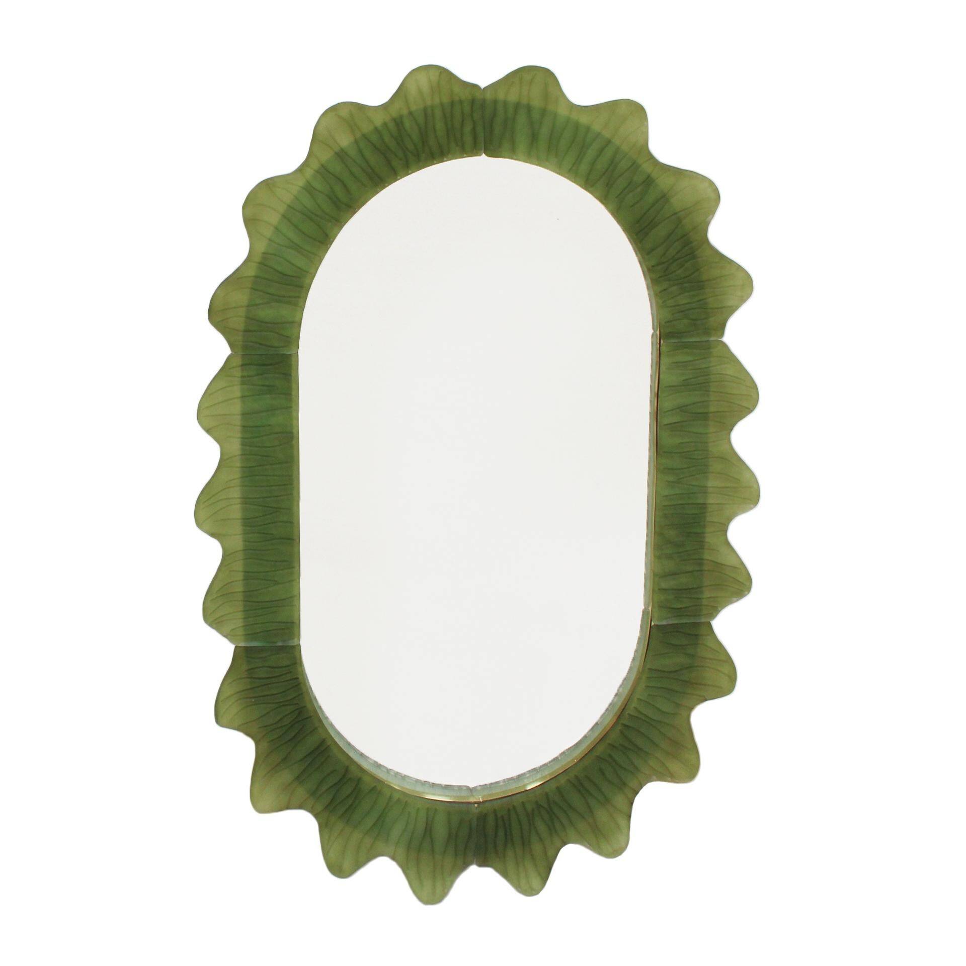Organic-Shaped Green Italian Mirror Made of Murano Glass and Brass