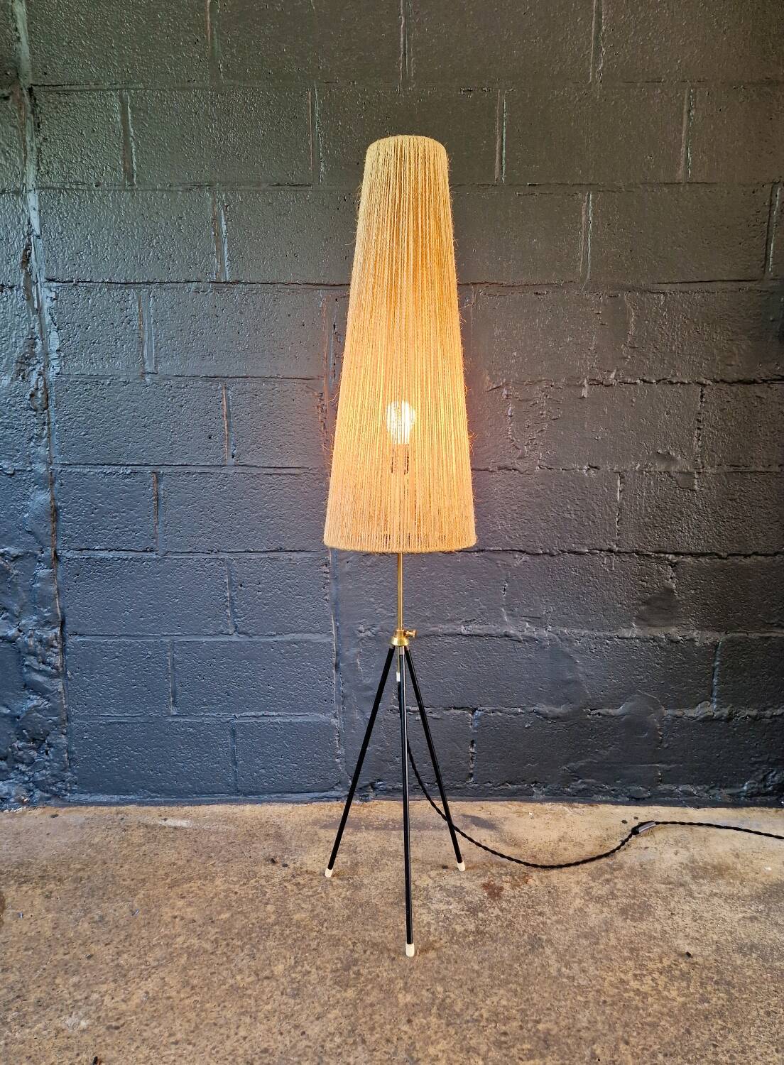 Mid-century tripod floor lamp, cord shade, 1950s-60s.