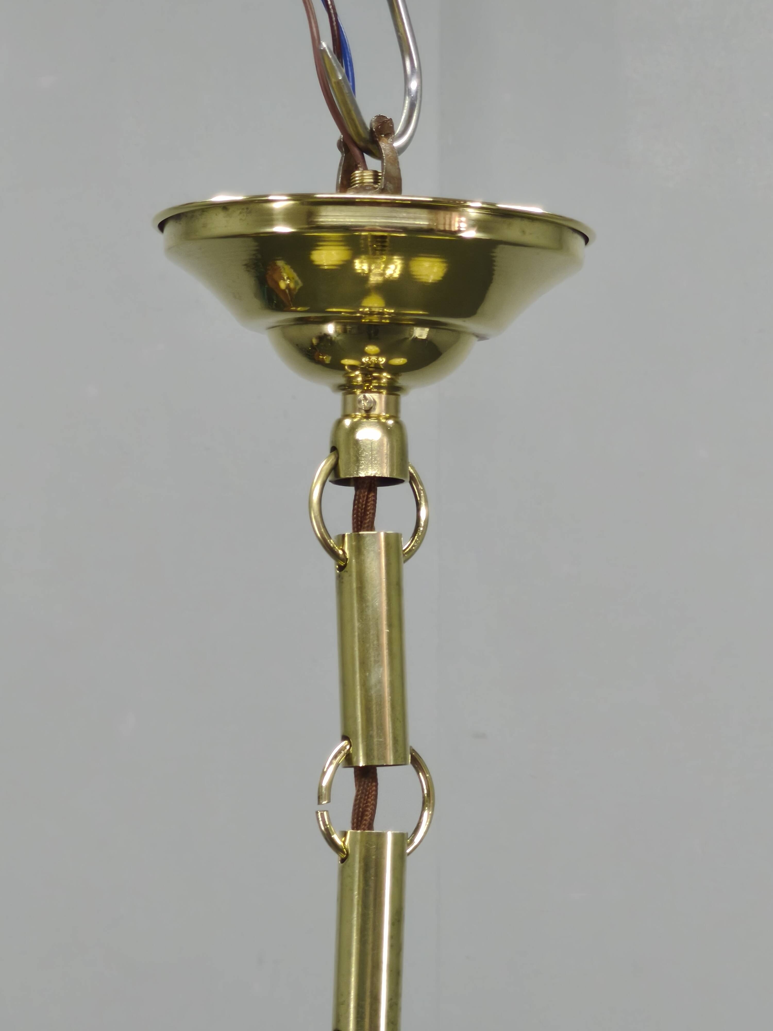 Art Deco Brass and Opaline Glass Chandelier, 1930s