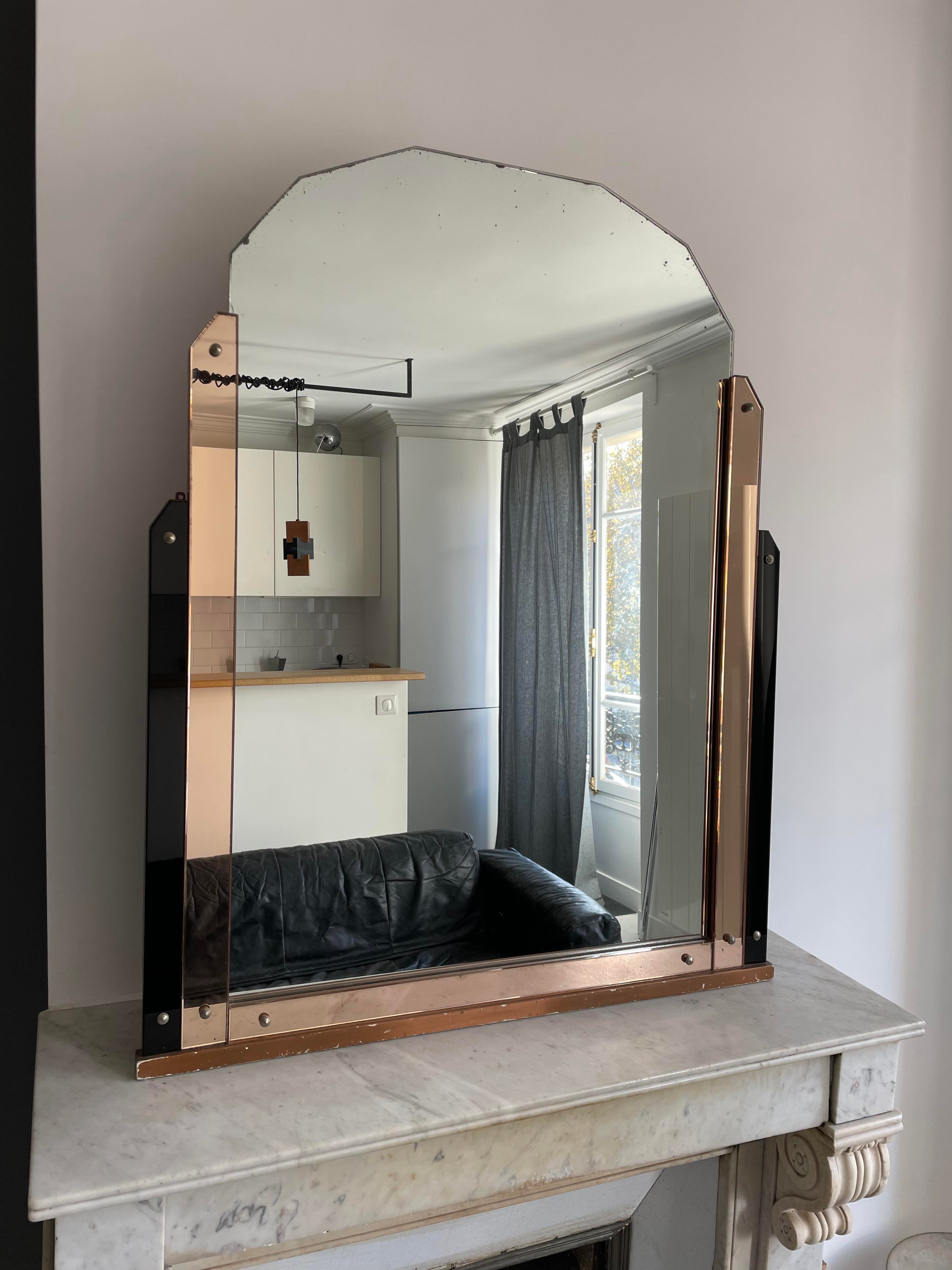 Art deco mirror, pink and black mirror pillar, France 1930