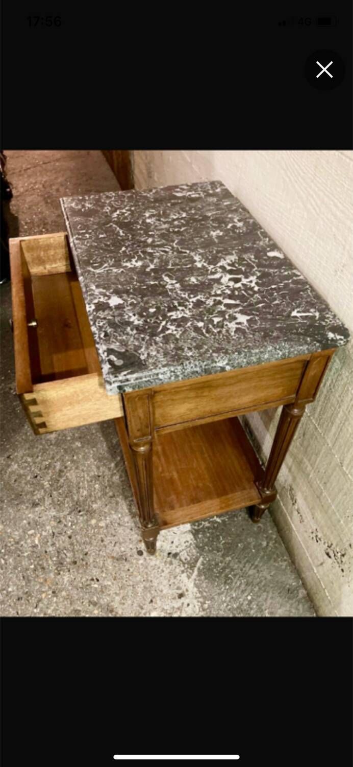 Louis XVI style bedside tables in solid walnut and grey marble