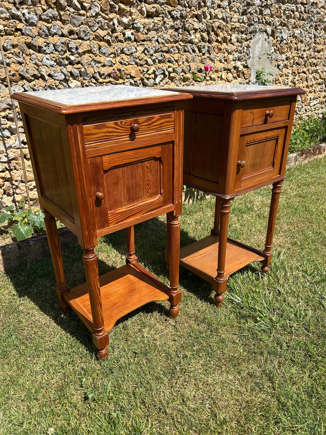 Pair of wooden and white marble bedside tables circa 1900