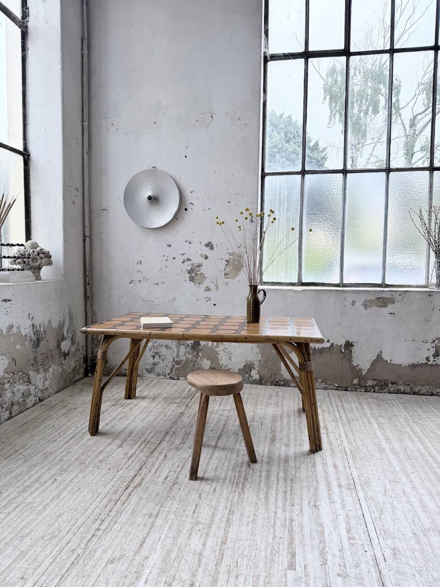 1950s rattan table with ceramic top