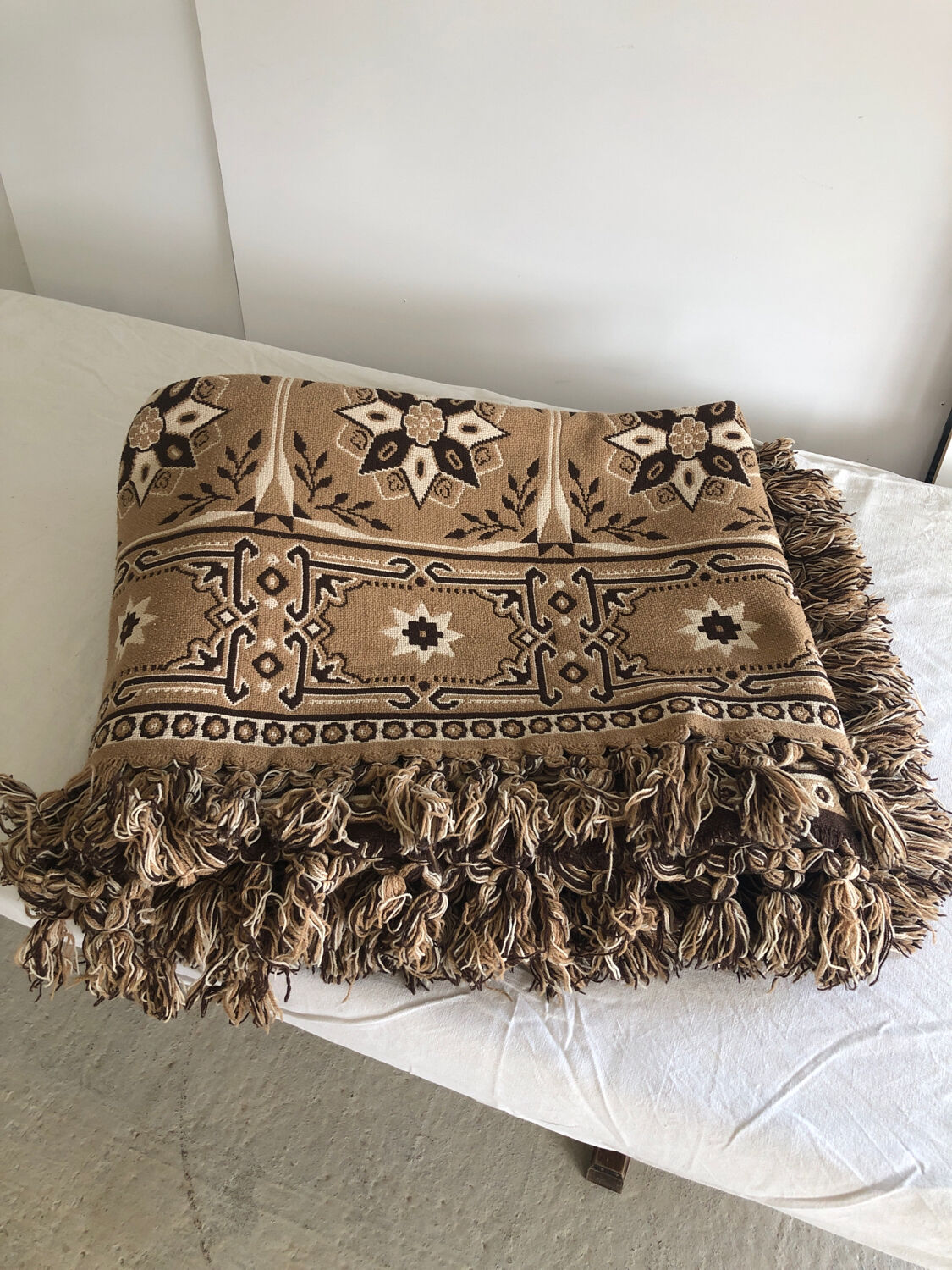 Vintage handmade beige and brown bedspread with fringes