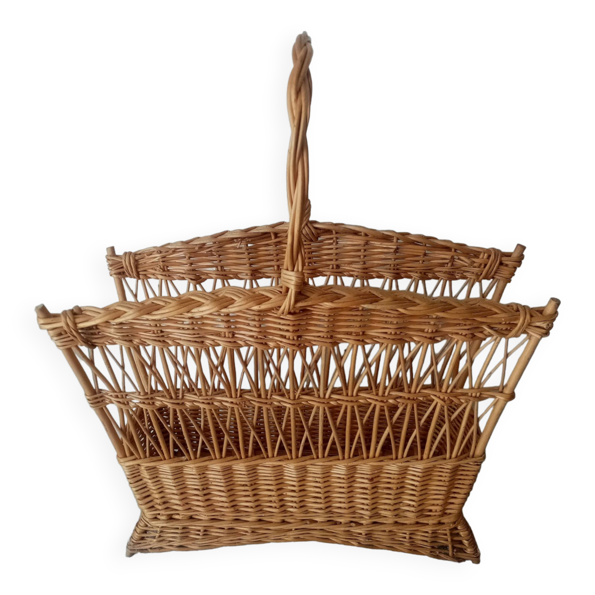 Old woven rattan magazine rack from the 1950s-60s