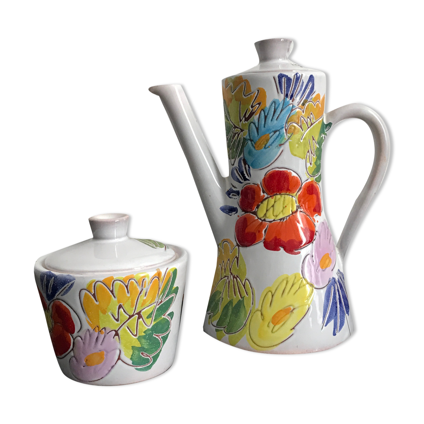 Vallauris coffee service engraved and hand painted - coffee maker and sugar pot fleuris vallauris