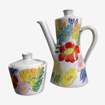 Vallauris coffee service engraved and hand painted - coffee maker and sugar pot fleuris vallauris