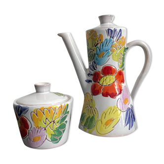 Vallauris coffee service engraved and hand painted - coffee maker and sugar pot fleuris vallauris