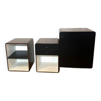 Vintage 1970s Space Age bedside tables in wood and black.