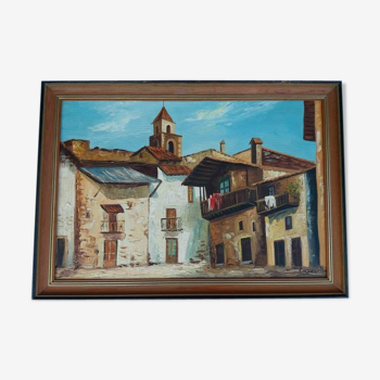 Spanish village scene  - signed oil on canvas - 1960