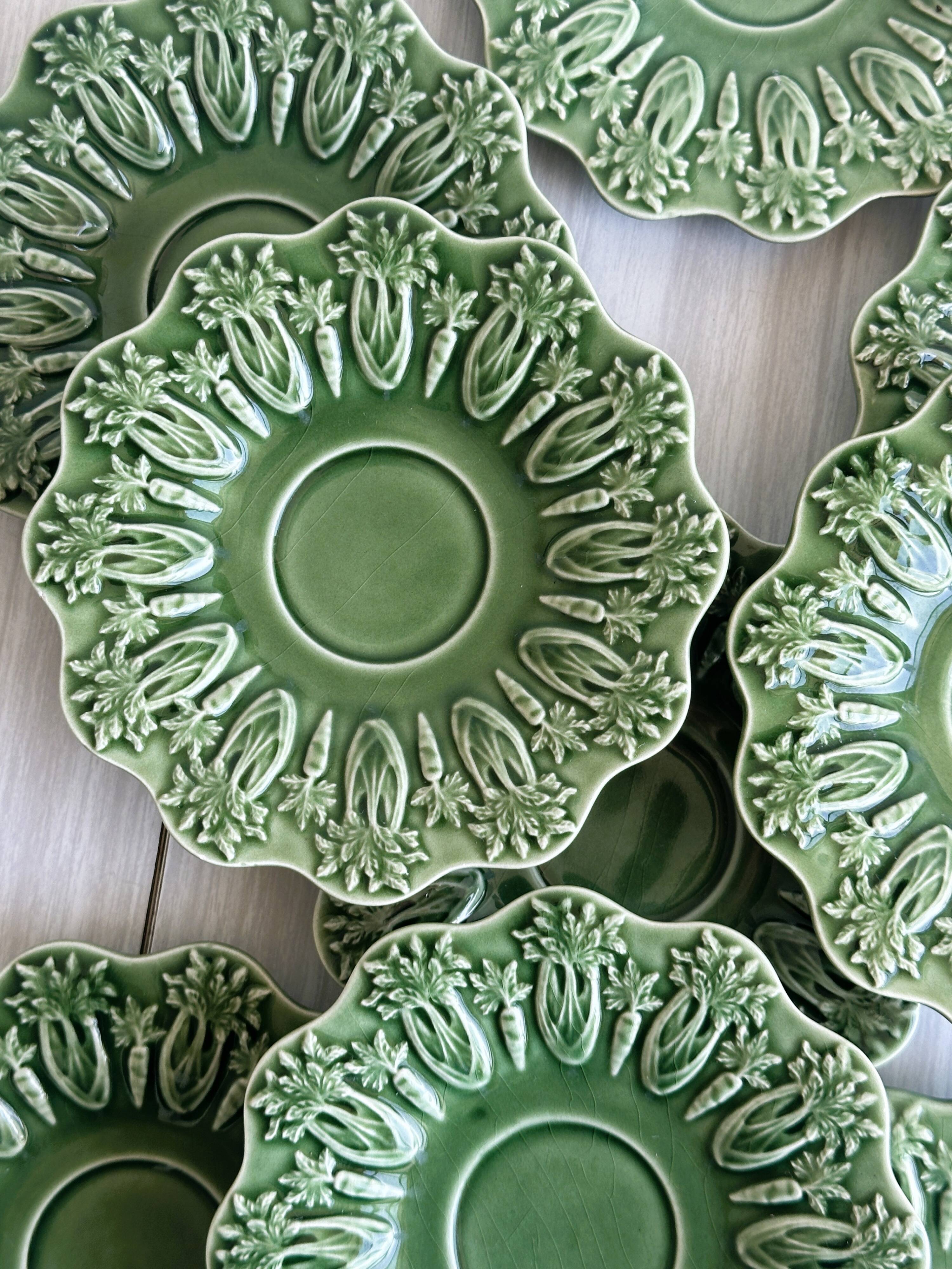 Set of 9 small old green earthenware plates