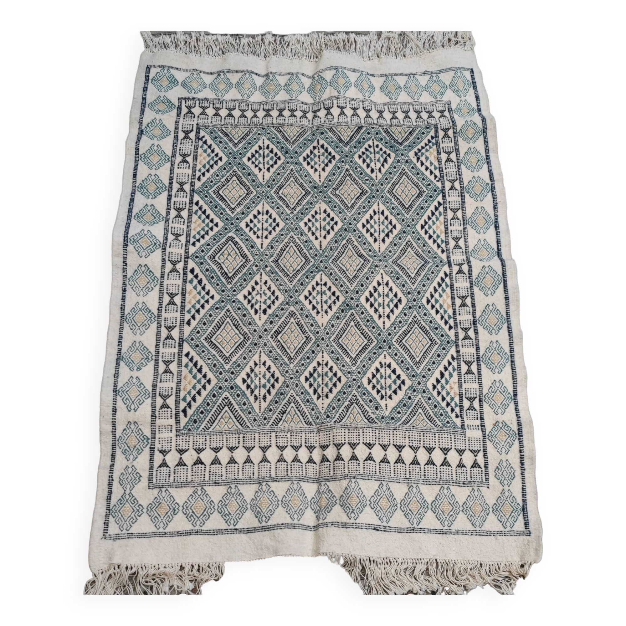 Handmade white blue and beige margoum rug