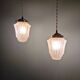 Pair of Art Deco Skyscraper-style pendant lights in frosted glass, 1920-30