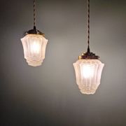 Pair of Art Deco Skyscraper-style pendant lights in frosted glass, 1920-30