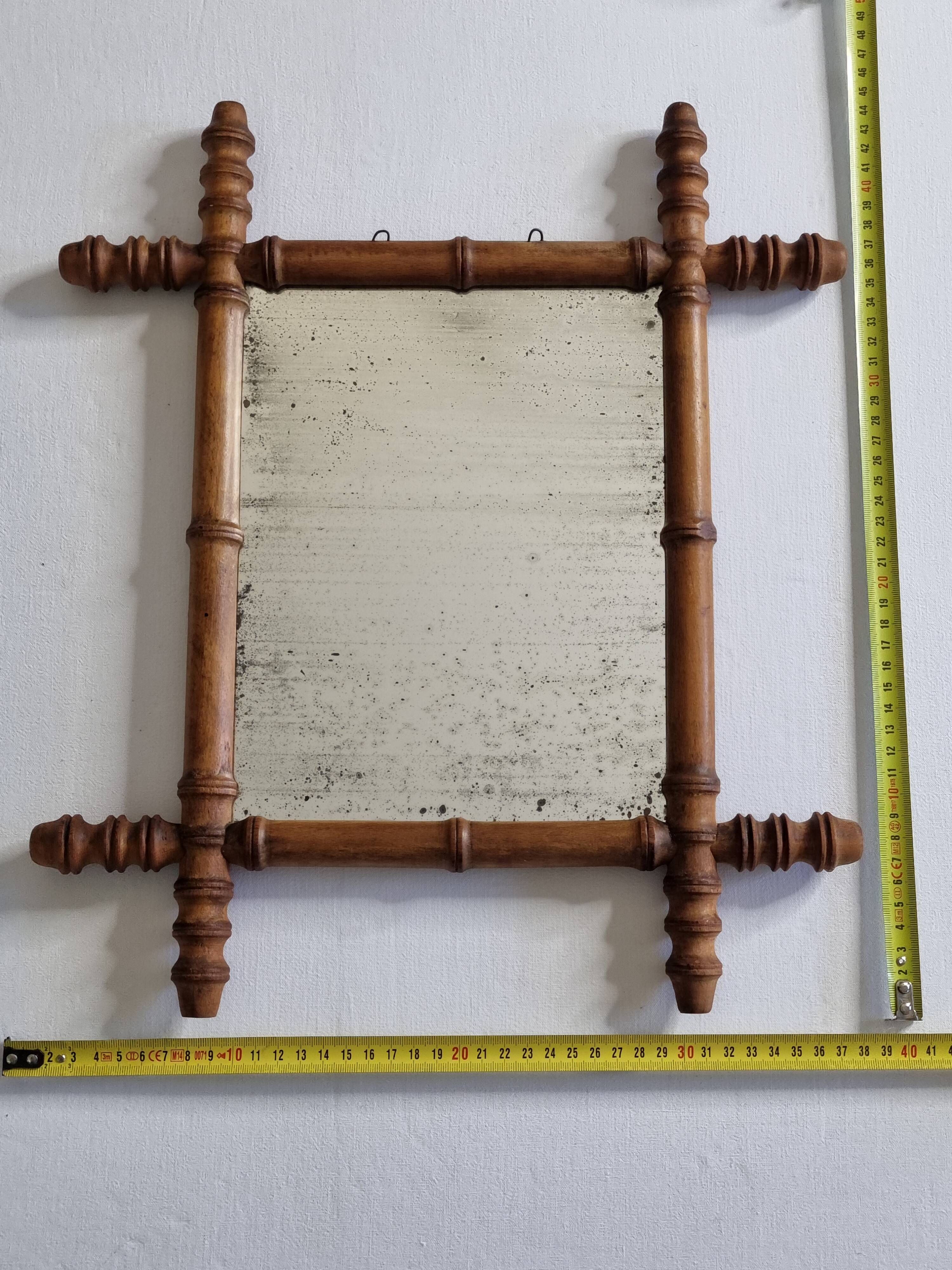 Antique turned wood mirror in bamboo style, late 19th century, 44 x 38 cm