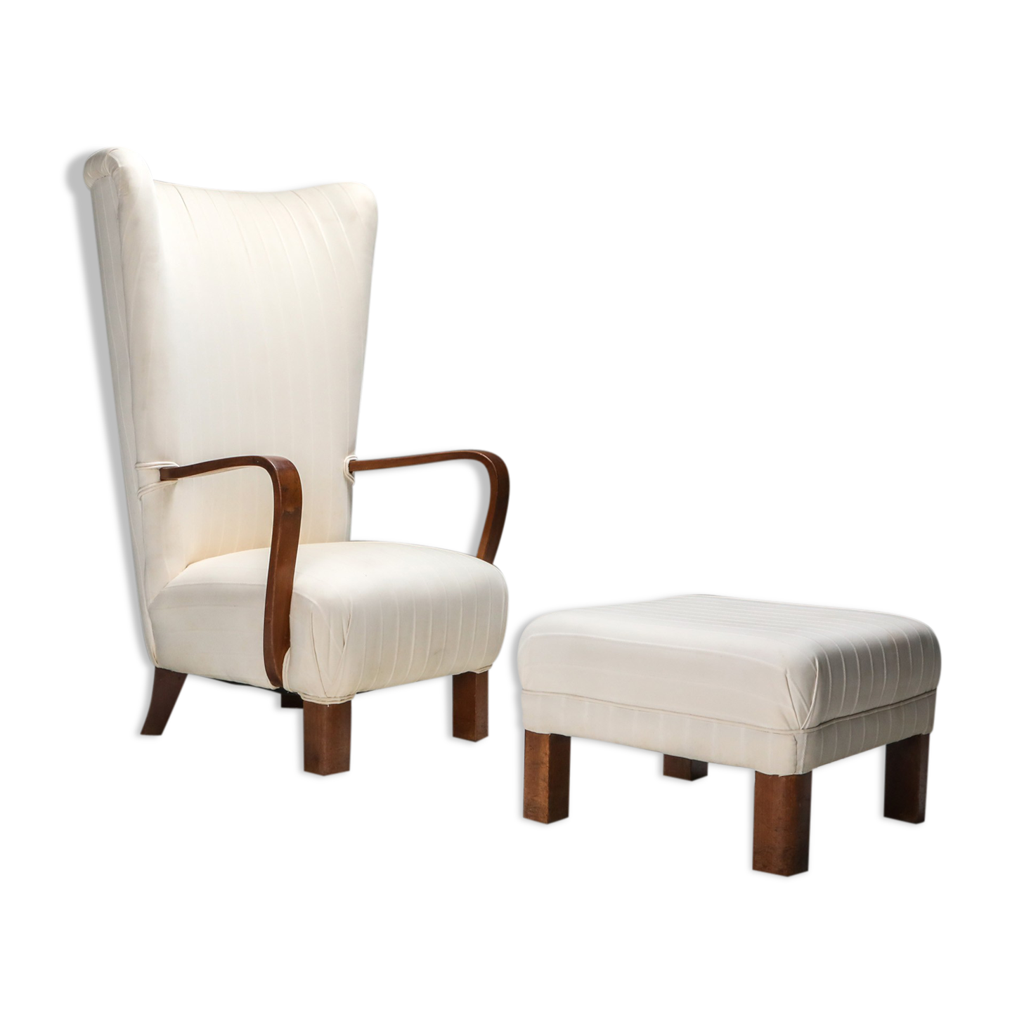 White Wingback Chair With Ottoman - 1950's