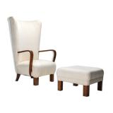 White Wingback Chair With Ottoman - 1950's