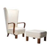 White Wingback Chair With Ottoman - 1950's