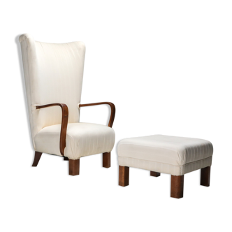 White Wingback Chair With Ottoman - 1950's