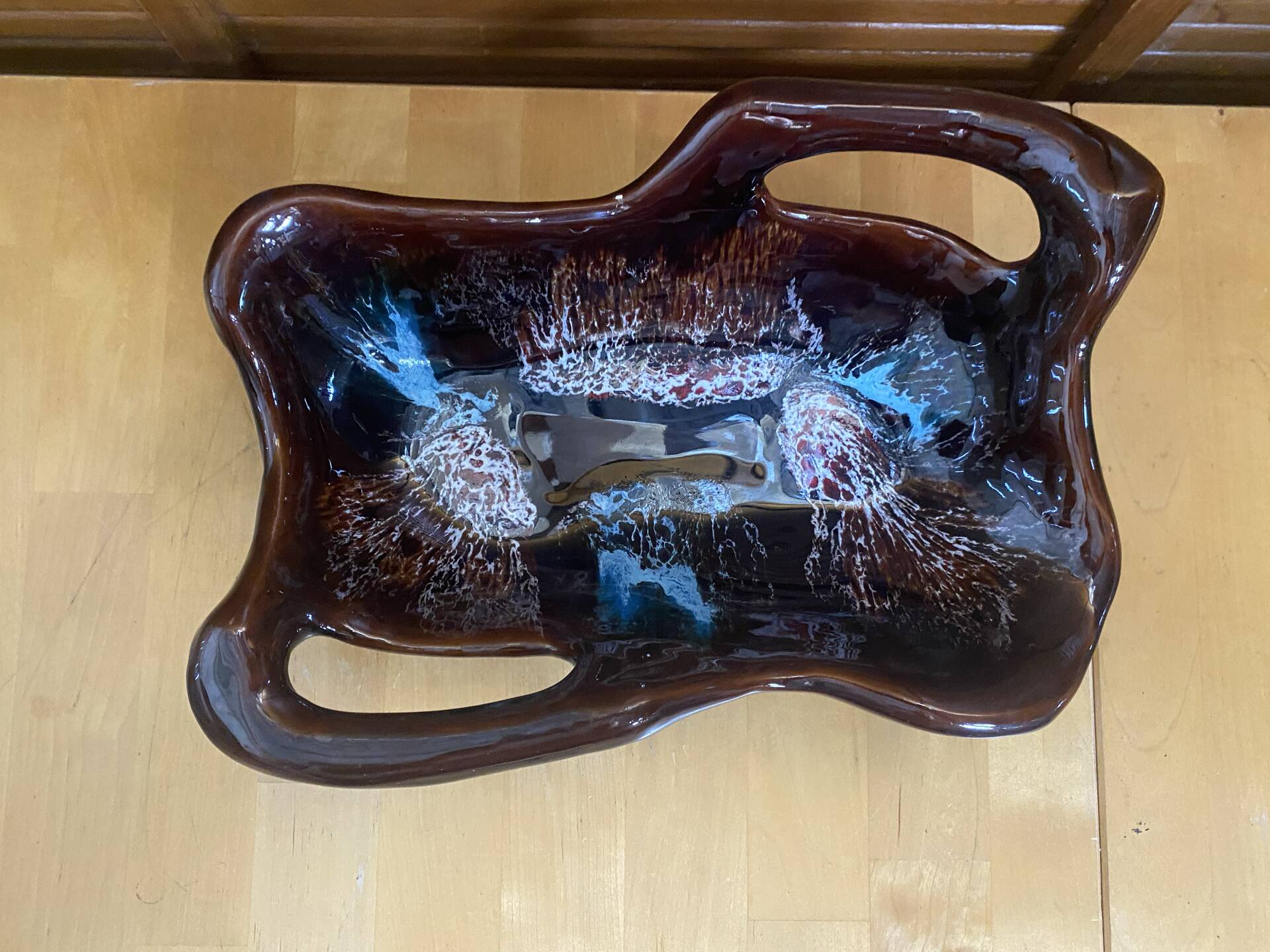 Coupe Centre De Table VALLAURIS Céramique Marron & Bleu Vintage #E172