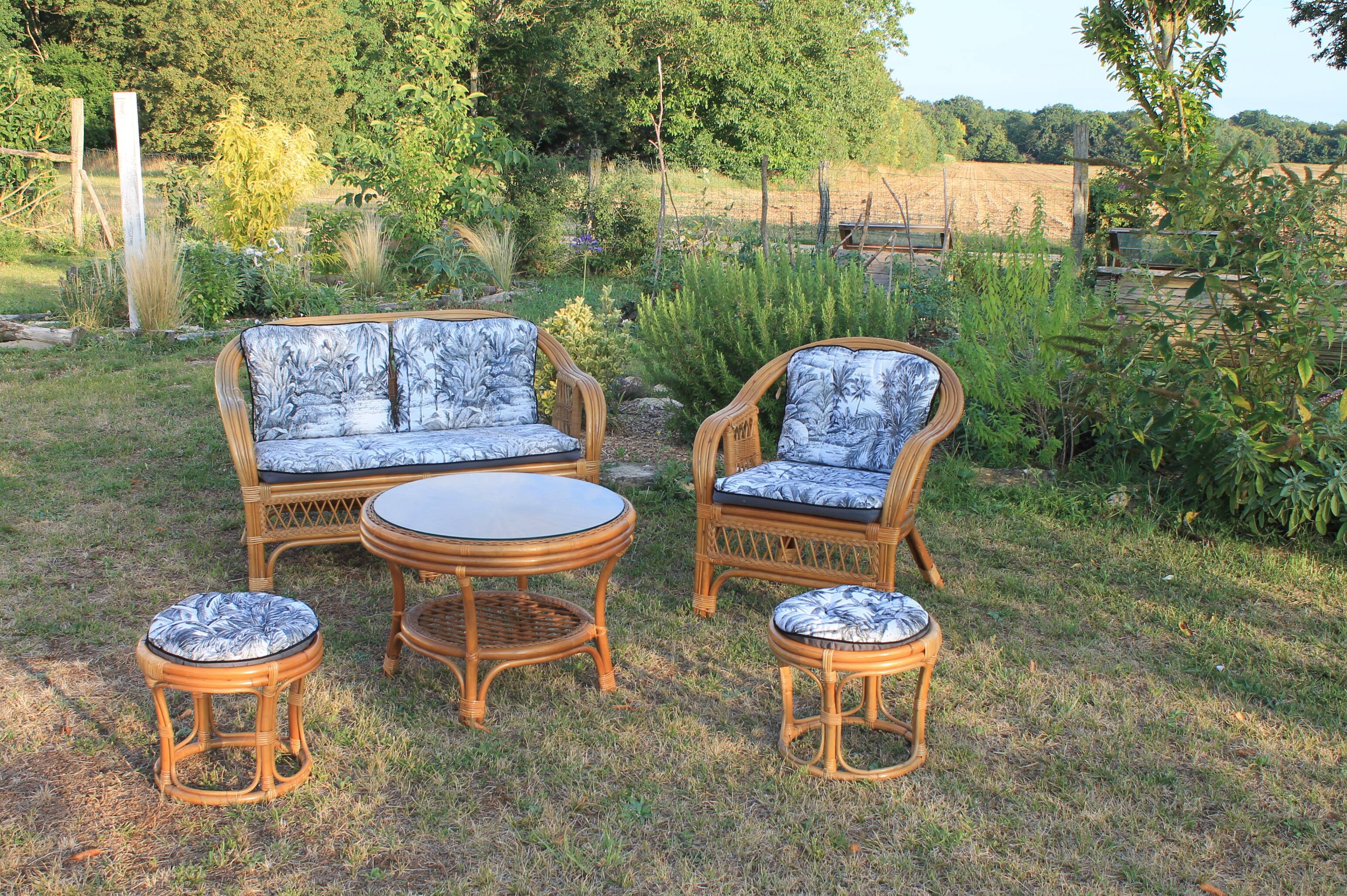 5-piece rattan salon 70/80 year jungle fabric