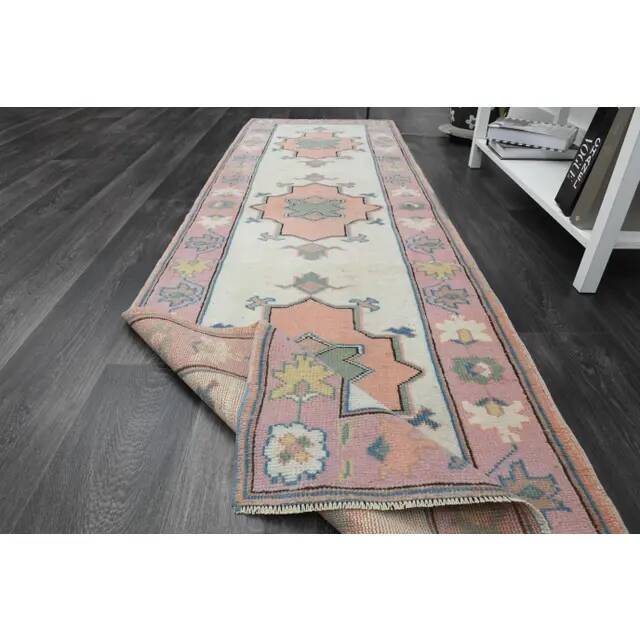 1970s Vintage Turkish Oushak Handmade Wool Cotton Orange Pink Rug  81x270