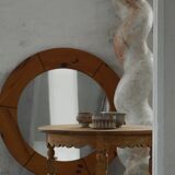 Large round wall mirror in solid pine by Glasmäster Markaryd, Sweden, 1960s.