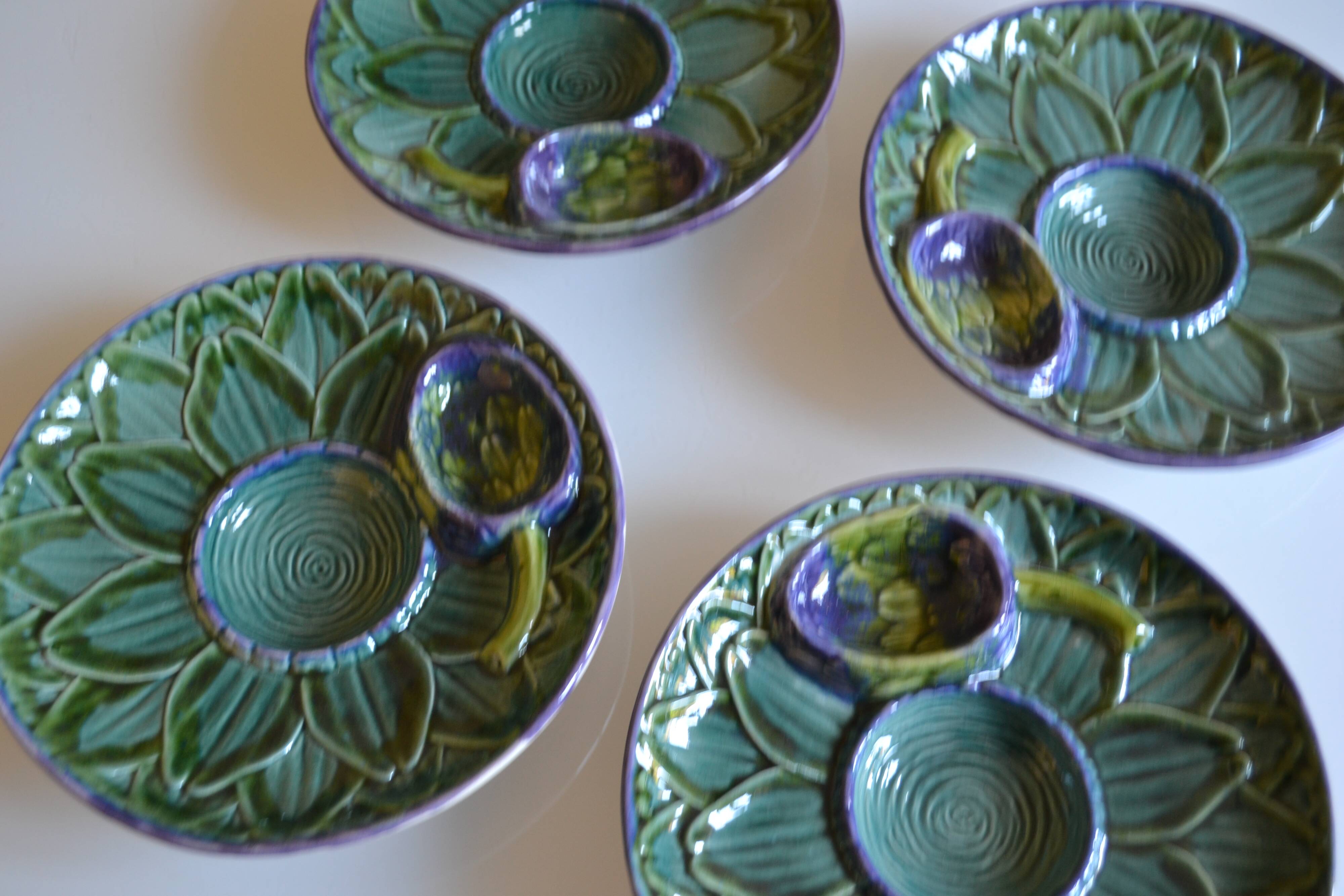 4 Vintage Barbotine Plates Artichoke Asparagus Table Decor Occasion