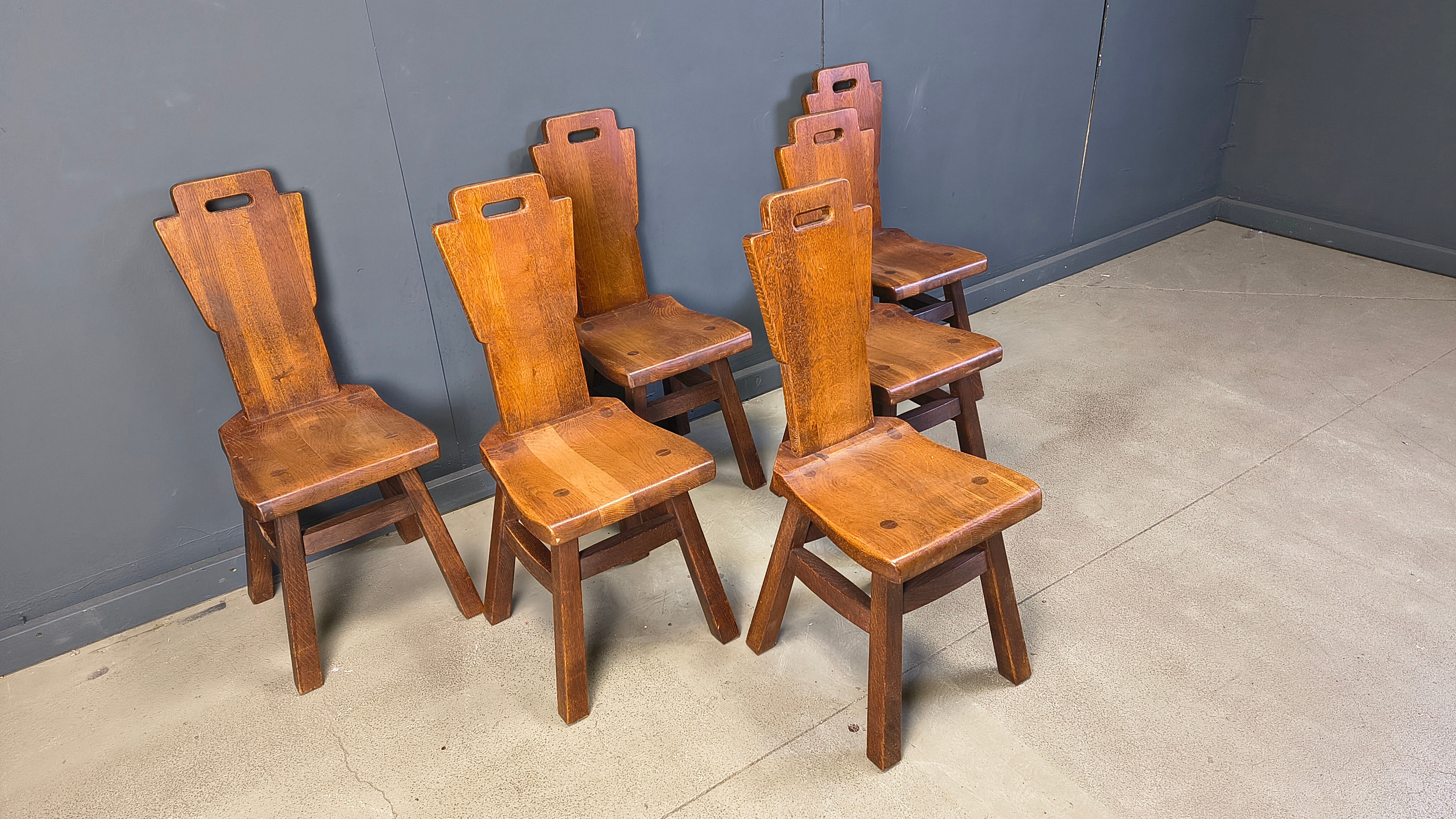 Vintage oak brutalist chairs, 1970s set of 6