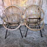 Pair of children's armchair rattan shell & metal foot black vintage