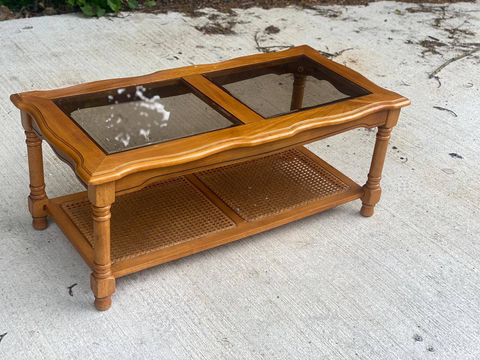 Vintage solid wood coffee table with glass and cane 100x50cm