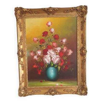 Tableau huile sur toile "bouquet de roses", signée