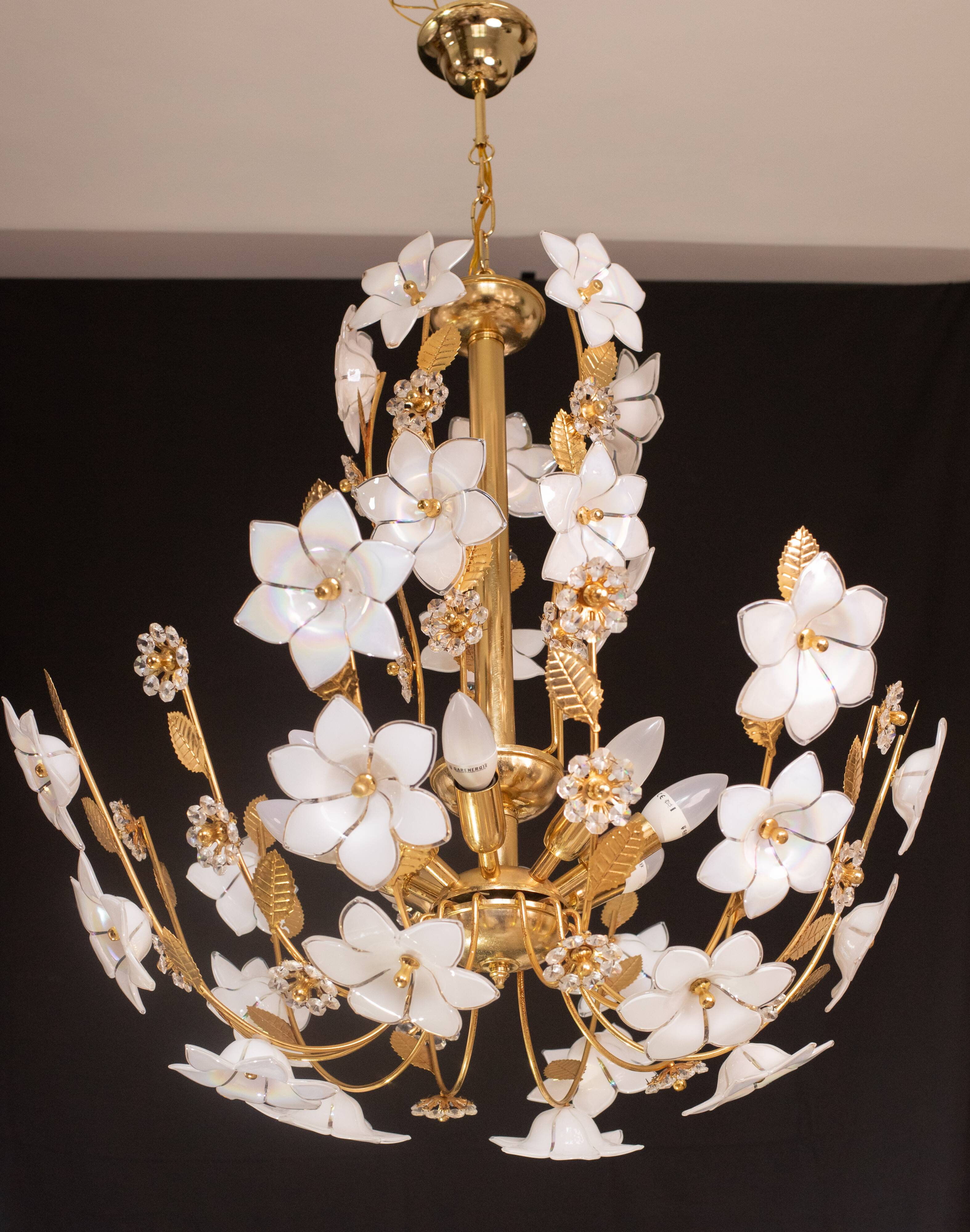 Large Size Vintage Murano Glass Chandelier White Flowers, 1970